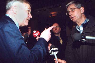 Conrad Black wags a finger at Calgary Herald striker Andy